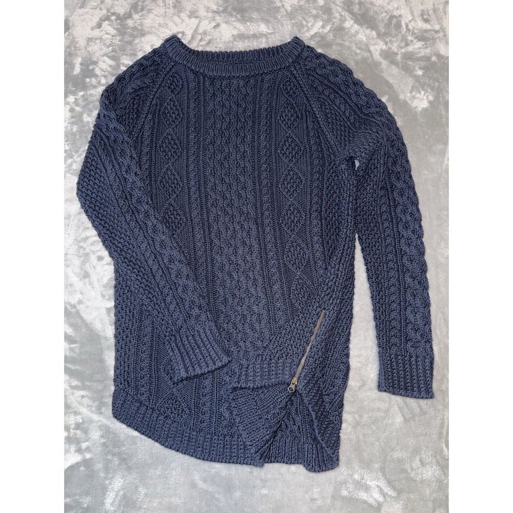 L.L. Bean Signature Navy Blue Cotton Fisherman Tunic Sweater Side Zip Size S‎